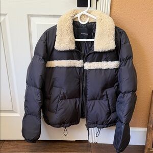 Coach Black Puffer Jacket with Cream Sherpa Collar and Trim